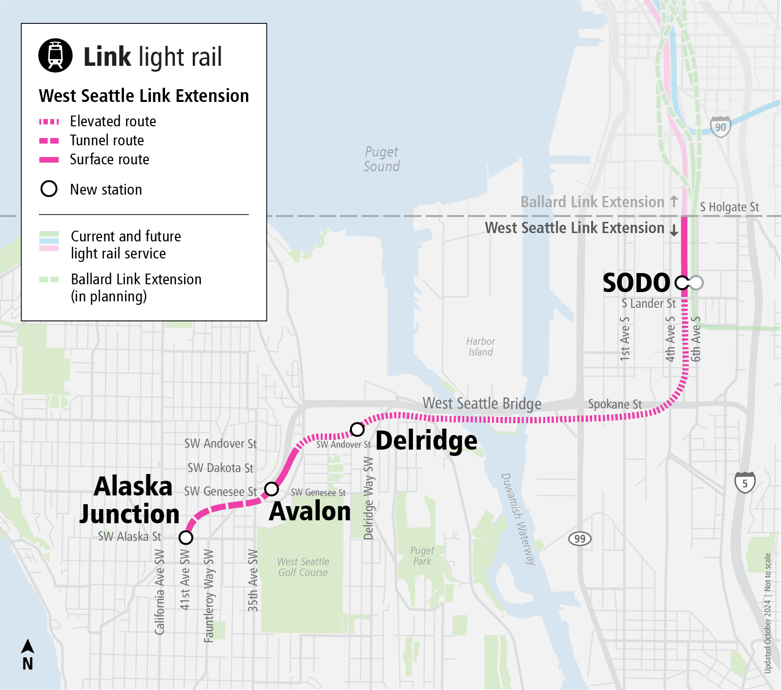 An image of the West Seattle Link Extension project map that displays the preferred alternatives and other alternatives we are currently evaluating. The map also includes station locations, and describes if an alternative is elevated, in a tunnel or at-grade. 